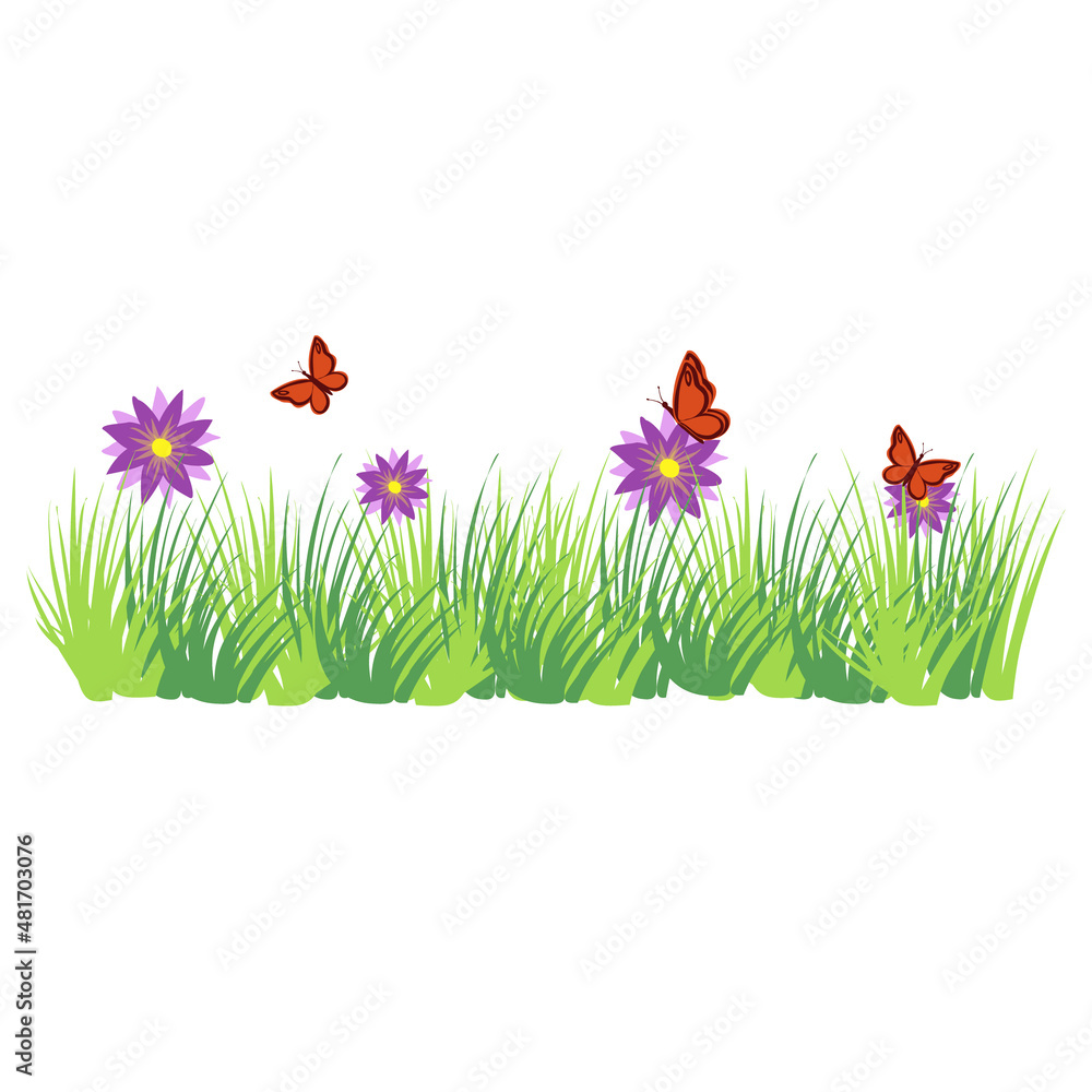 The grass is green with flowers, butterflies fly over the grass and flowers. Summer green lawn. Advertisement of summer, spring green flora. Banner, advertisement, children's illustration, scrapbookin The grass is green with flowers, butterflies fly over the grass and flowers. Summer green lawn. Advertisement of summer, spring green flora. Banner, advertisement, children's illustration, scrapbookin