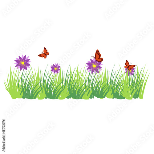 The grass is green with flowers, butterflies fly over the grass and flowers. Summer green lawn. Advertisement of summer, spring green flora. Banner, advertisement, children's illustration, scrapbookin