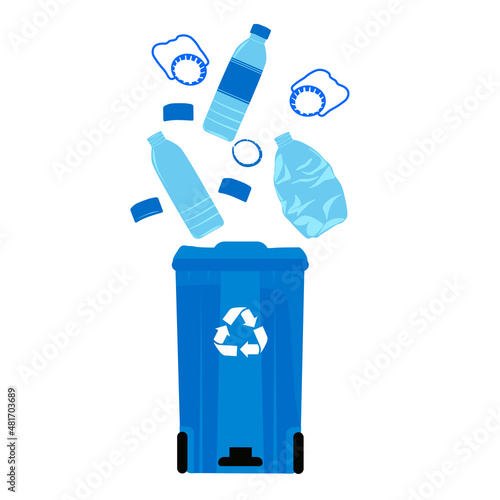 Blue plastic waste bin for plastic recycling. Vector stock illustration Isolated on a white background. Plastic recycling. Recycling of different materials.
Sorting waste.