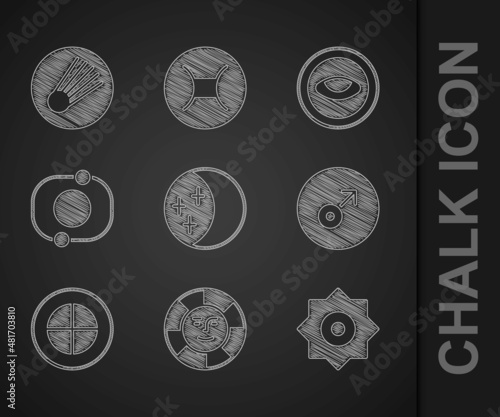 Set Eclipse of the sun, Sun, Falling star, Mars symbol, Earth globe, Solar system, Medallion with eye and Comet icon. Vector