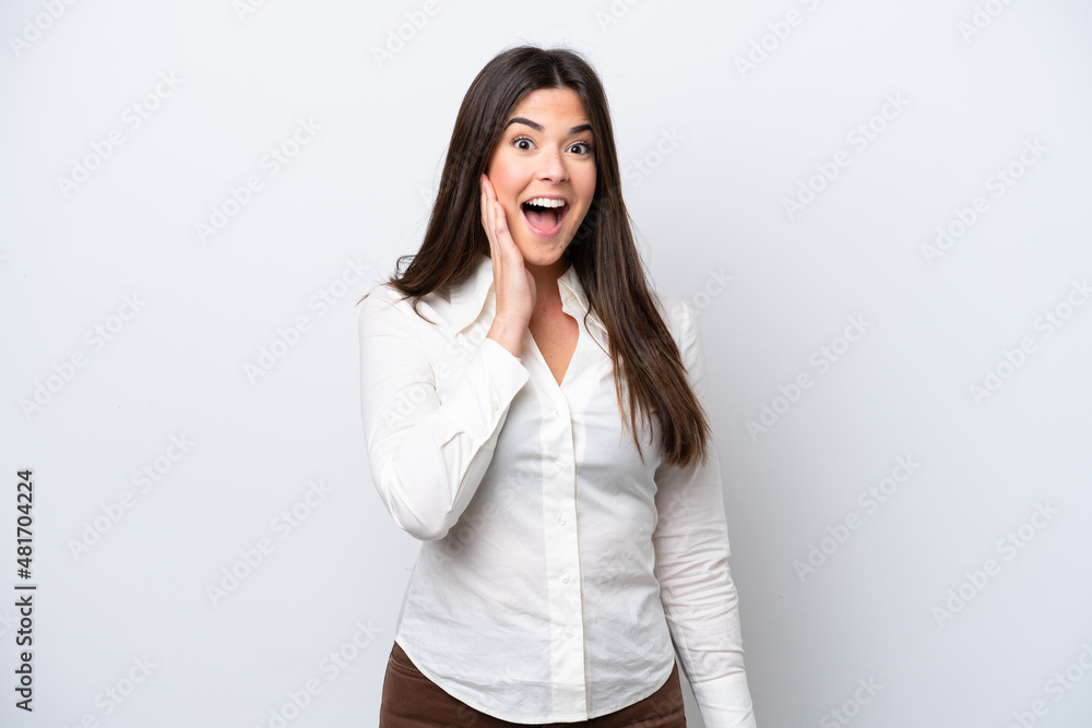 Young Brazilian woman isolated on white background with surprise and shocked facial expression Young Brazilian woman isolated on white background with surprise and shocked facial expression
