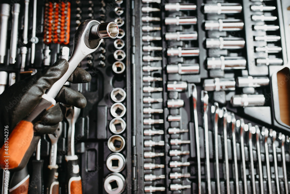 ratchet tool wrench for loosening bolts in a set. ratchet tool wrench for loosening bolts in a set.