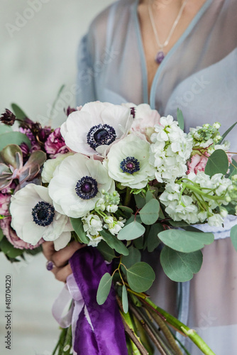 Canvas wedding bouquet with nice anemone flowers