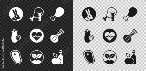 Set Rabbit, Genetically modified chicken, Chicken leg, Steak meat, Sprout, Apple cider vinegar in bottle, Eggplant and Heart rate icon. Vector