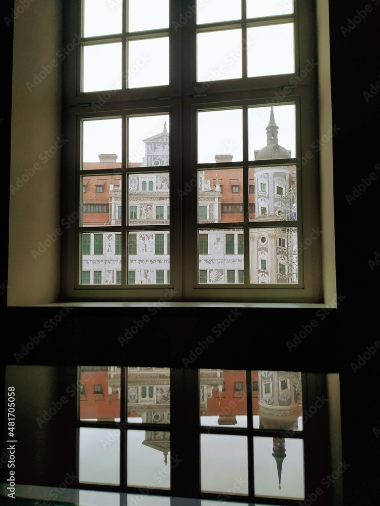 Window day view at the old city in vintage building Window day view at the old city in vintage building