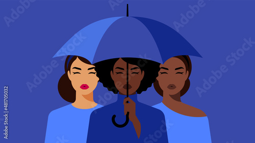 Three women stay together under one blue umbrella.  Female friends hiding under umbrella. Multi-ethnic group of people, casual clothes. Modern vector illustration for poster, banner, cover.