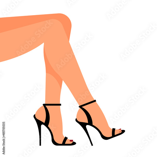 Perfect female legs in shoes. Fashion high heel sandal shoe. Female body parts. Modern vector illustration for poster, banner, cover.