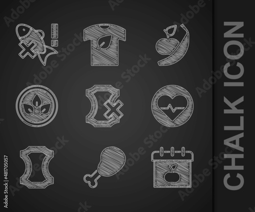 Set No leather, Chicken leg, World Vegetarian day, Heart rate, Leather, Vegan food diet, Apple and banana and fish icon. Vector