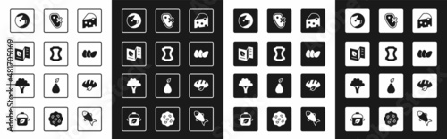 Set Cheese, Leather, Vegetarian food menu, Pig, Chicken egg, No meat, Vegan bread loaf and Broccoli icon. Vector