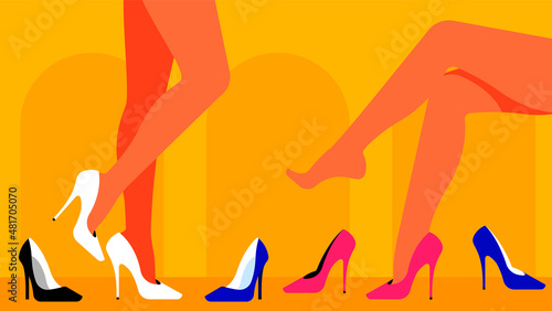 Fitting room. Two elegant women are trying on shoes in store or wardrobe. High heel shoes, pumps different colors. Slim pretty female legs. Seasonal shopping concept.