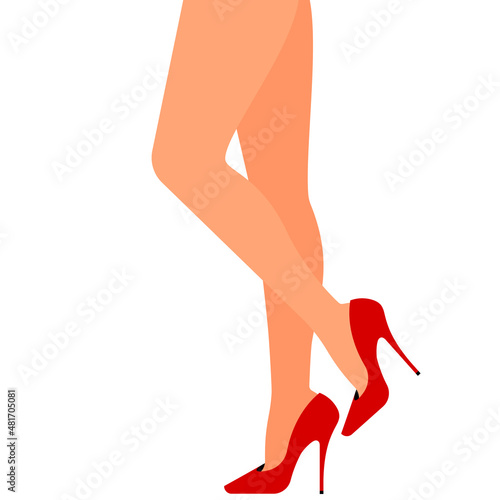 Slim female legs in red high heels. Woman slim legs is standing in red pumps shoe. Different heels on the floor. Concept of shopping, fashion, wardrobe. Vector illustration for banner, cover, poster