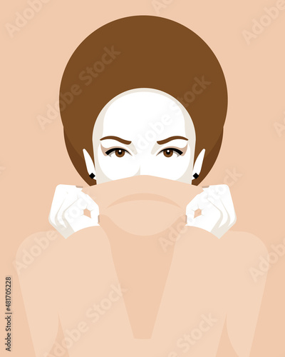 Beautiful girl pulling sweater on face. Fashion portrait of pretty woman in beige sweater. Female model, minimalist portrait, face, white skin. Trendy modern illustration for poster, cover.