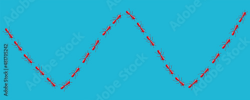 Worker ants trail curve. Red ant path isolated in blue background. Vector illustration
