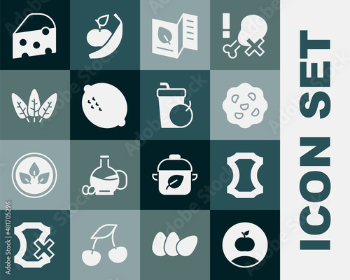 Set Apple, Leather, Cookie or biscuit, Vegetarian food menu, Lemon, Leaf, Cheese and Fresh smoothie icon. Vector