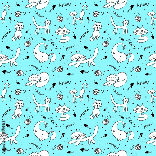 Nice funny doddle cats seamless pattern for textile, wallpaper, prints, fabric, clothes for children. Vector illustration. 