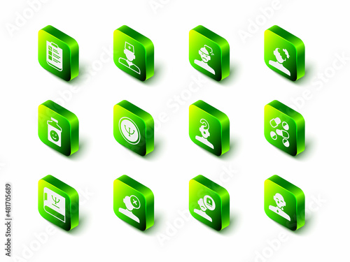 Set Male doctor, Concussion, headache, Solution problem in psychology, Medicine pill tablet, Tear cry eye, Human with question mark, and icon. Vector