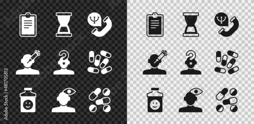 Set Psychological test, Online psychological counseling, Antidepressants, Solution problem psychology, Medicine pill or tablet, Addiction to the drug and Human with question mark icon. Vector
