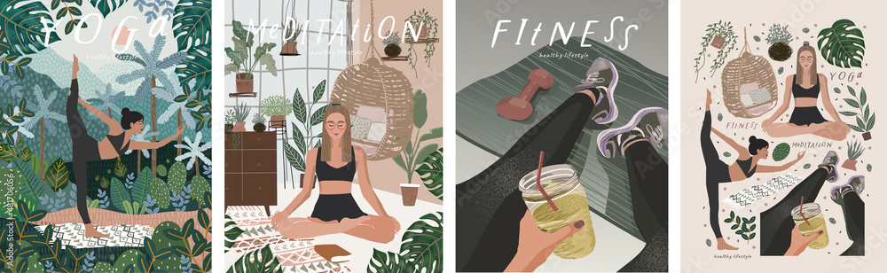 Fitness, yoga and meditation. Vector illustrations of a healthy lifestyle, proper nutrition, people involved in sports in nature, at home and in the studio - obrazy, fototapety, plakaty 