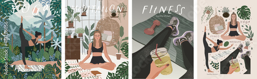 Fototapeta Fitness, yoga and meditation. Vector illustrations of a healthy lifestyle, proper nutrition, people involved in sports in nature, at home and in the studio