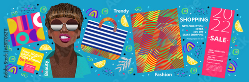 Sale. Shopping. Abstract. Vector illustration of fashion, clothes, black woman, art, discount and promotion. Background for poster, banner and flyer	
