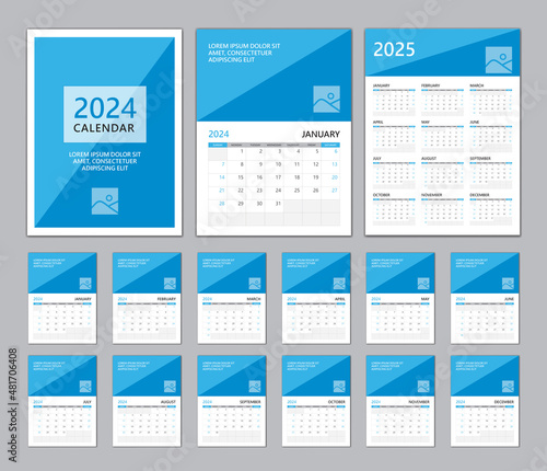 Calendar 2024-2025 template, Set Desk calendar 2024 template, Set of 12 Months, Wall calendar 2025 design, Can use Place for Photo and Company Logo, Blue cover design, minimal planner, vector