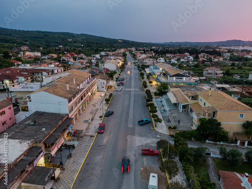 Aerial drone view of acharavi village by dust in corfu island greece