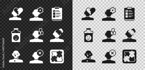 Set Broken heart or divorce, Solution problem in psychology, Psychological test, Tear cry eye, Antidepressants and Closed personality icon. Vector