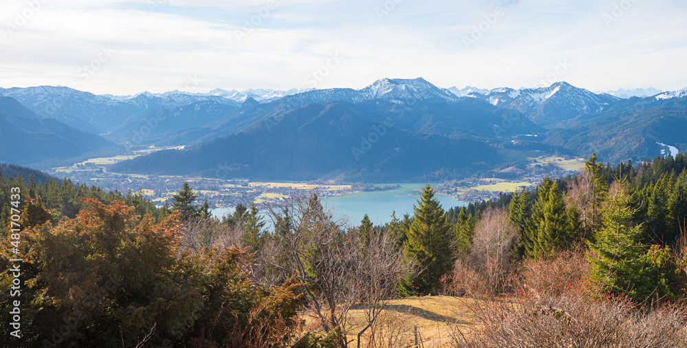 beautiful hiking destination Neureuth, view to bavarian alps and lake Tegernsee