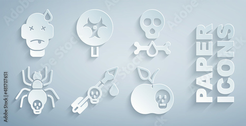 Set Poison on the arrow, Bones and skull, Poisonous spider, apple, Biohazard symbol and Man poisoning icon. Vector