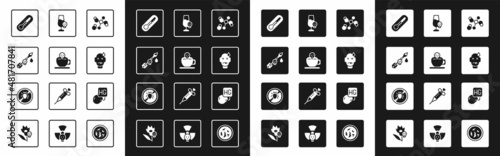 Set Chemical formula, Coffee cup with skull, Poison on the arrow, Thermometer, Man poisoning, Poisoned alcohol, Drop mercury and Stop colorado beetle icon. Vector