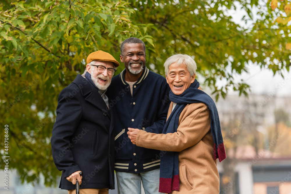 Cheerful multicultural senior friends smiling at camera in autumn park.