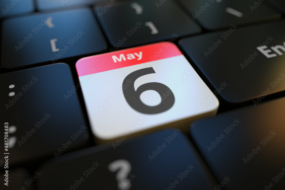 May 6 date on a keyboard key, 3d rendering May 6 date on a keyboard key, 3d rendering
