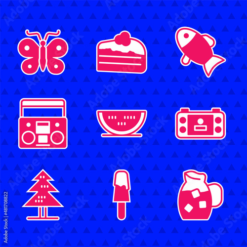 Set Watermelon, Ice cream, Jug glass with water, Portable video game console, Tree, Home stereo two speakers, Fish and Butterfly icon. Vector
