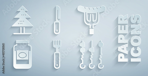 Set Fork, Sausage on the fork, Jam jar, Grilled shish kebab skewer, Knife and Tree icon. Vector