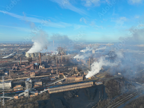 Wallpaper Mural Factory metal steel processing hot, drone aerial video shot, smoke chimneys rises black poison, smog in city Ostrava, dust in air, quadcopter view flying fly flight show, danger human health Torontodigital.ca