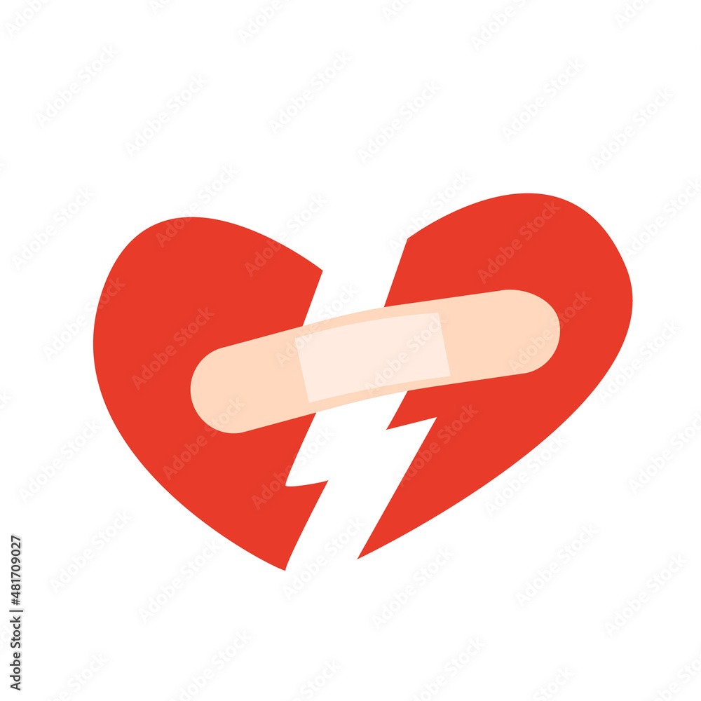 Red broken heart with patch. Vector flat illustration on isolated background. Valentine's day Red broken heart with patch. Vector flat illustration on isolated background. Valentine's day