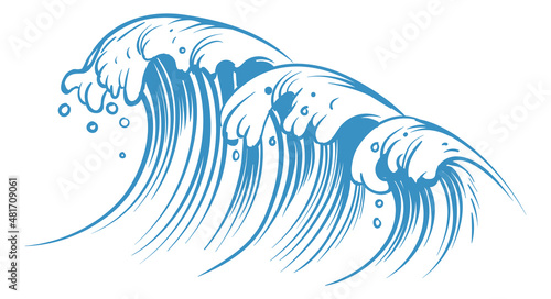 Surf waves. Big water tide in blue ink style