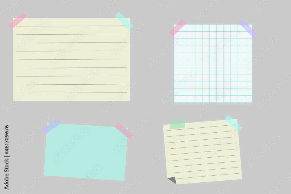 Set of different note papers with adhesive tape on the gray background Set of different note papers with adhesive tape on the gray background