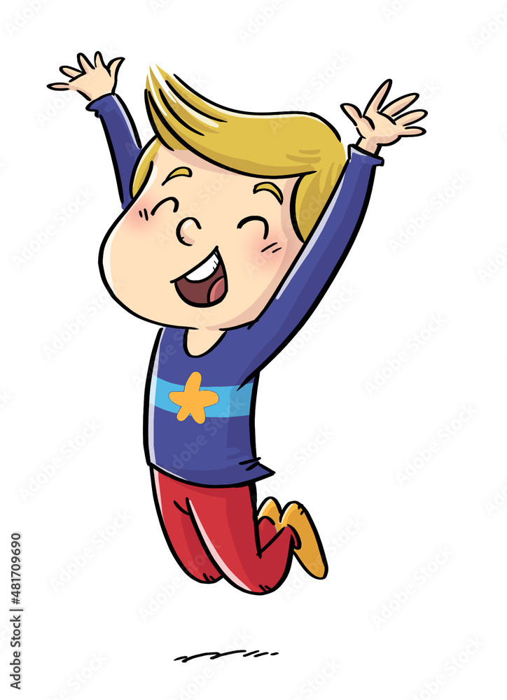 illustration of little boy jumping for joy - obrazy, fototapety, plakaty 