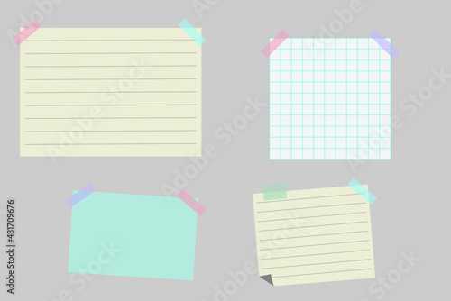 Set of different note papers with adhesive tape on the gray background