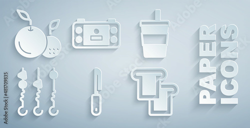 Set Knife, Paper glass with water, Grilled shish kebab on skewer, Bread toast, Portable video game console and Fruit icon. Vector
