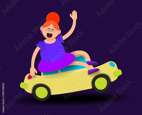 A fat cartoon girl is sitting astride a children's toy car.