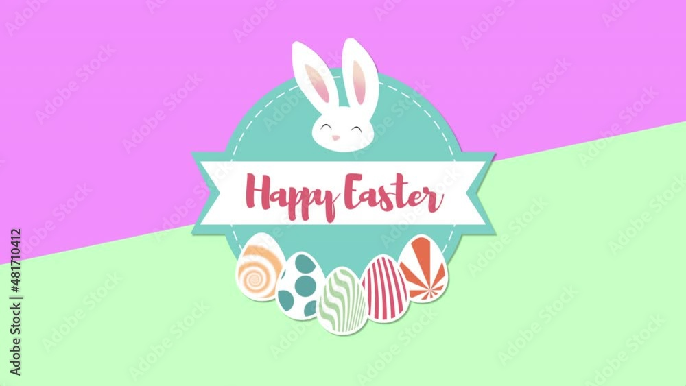 Happy Easter with colorful eggs and rabbit on pink and green color, motion holidays and spring style background Happy Easter with colorful eggs and rabbit on pink and green color, motion holidays and spring style background