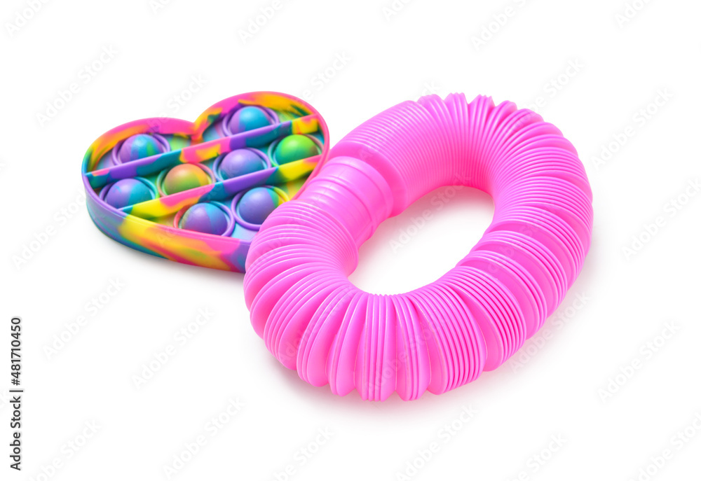 Colorful Pop Tube and Pop it fidget toy on white background Colorful Pop Tube and Pop it fidget toy on white background