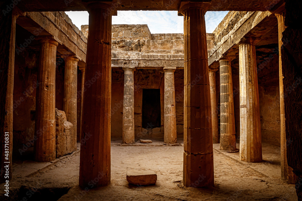 A place with many classic greek pillars. Tombs of the Kings pantheon in Paphos