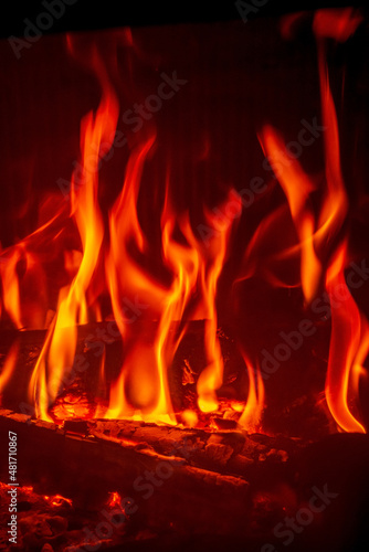 Flame of fireplace with black background