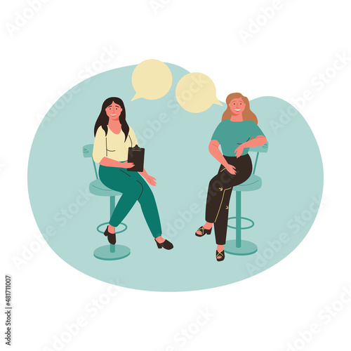 Female psychotherapist has an Individual session with her patient and sees positive results. Happy Woman sits on the sofa and excitedly tells something to her counselor. Talk therapy concept. Vector