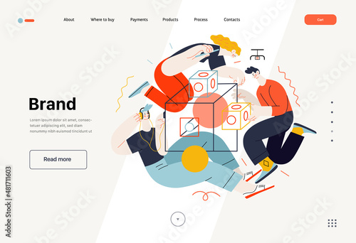 Technology Memphis - Brand modern flat vector concept digital illustration branding metaphor, company brand promotion. Business workflow and team management. Creative landing web page template