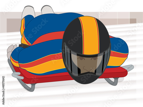 skeleton bobsled sport, rider face down head-first, front view, racing downhill on iced tracks 