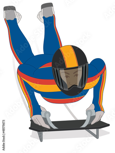 skeleton bobsled sport, rider face down head-first, racing downhill isolated on a white background